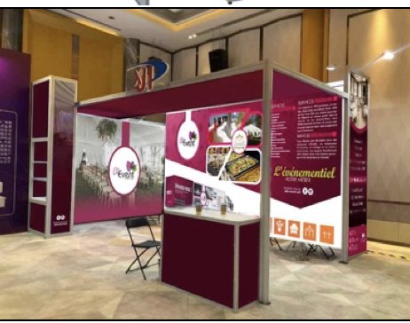 STAND VIP 4X6 M /24m² (1 comptoir – 1 table de discussion – 2 chaises – Impression sur tissus